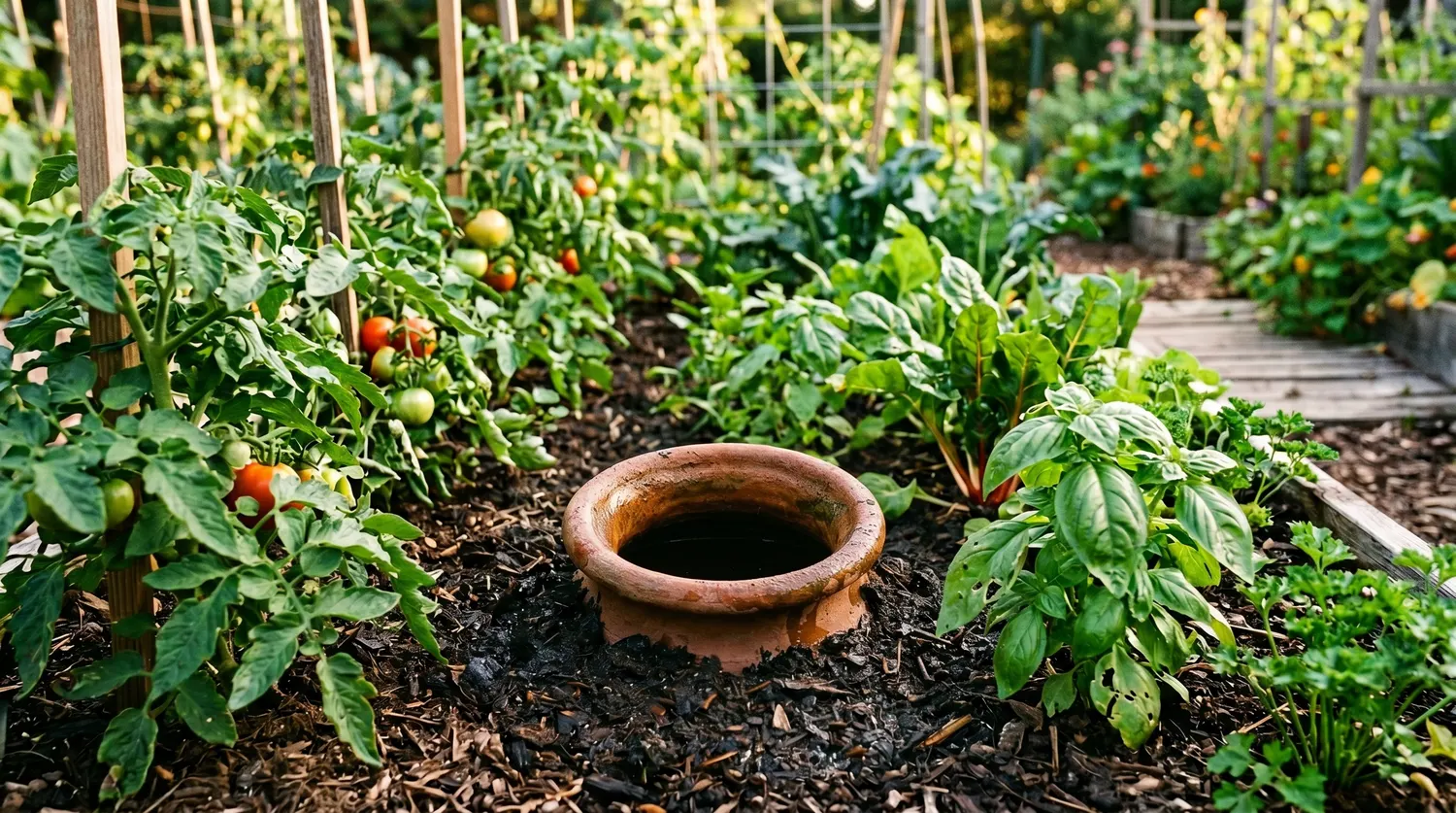 Oya en terre cuite enterrée parmi des légumes au potager