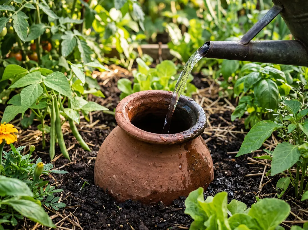 Oya en terre cuite que l'on remplit d'eau dans une planche de potager