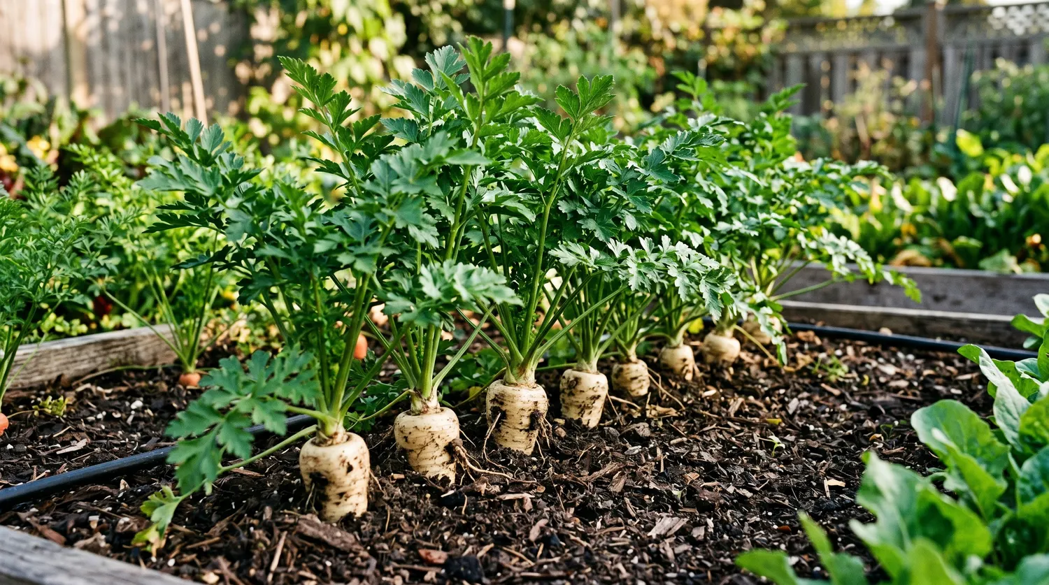 Panais blancs poussant en rang au potager avec leur feuillage vert