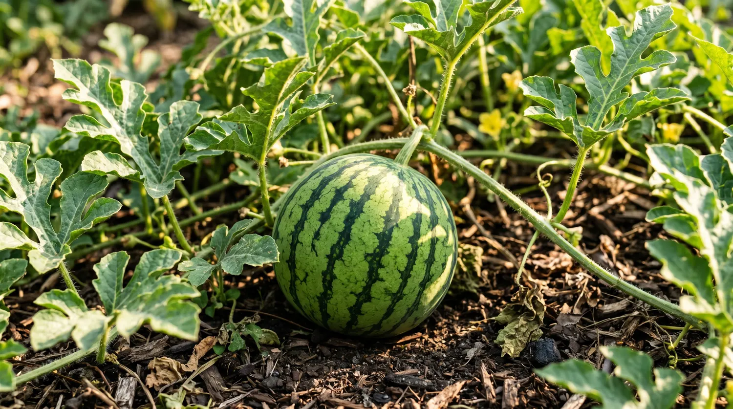Pastèque rayée en train de mûrir sur sa plante au potager ensoleillé