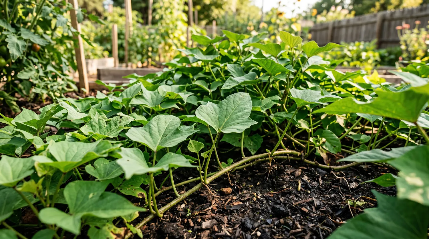 Plants de patate douce aux tiges feuillues rampantes dans un potager ensoleillé