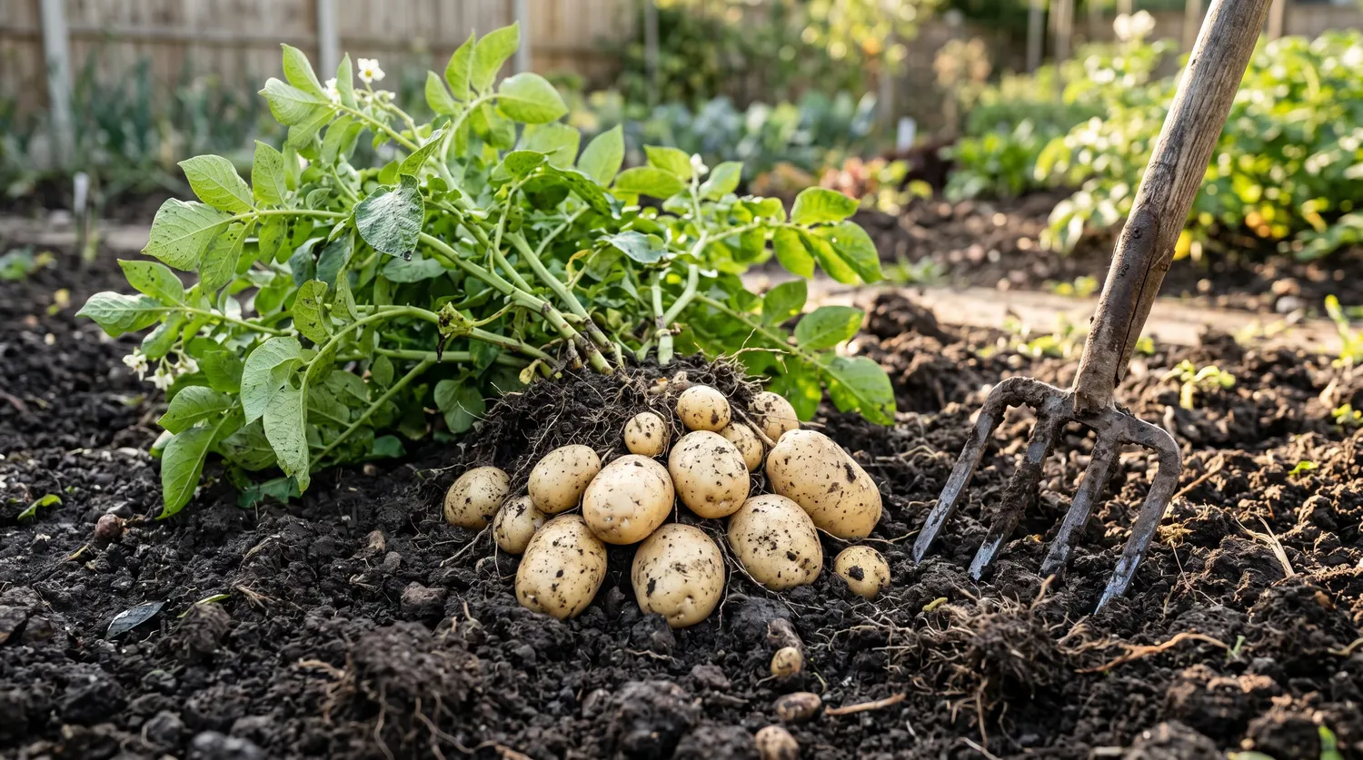 Plant de pomme de terre fraîchement arraché avec ses tubercules dans la terre