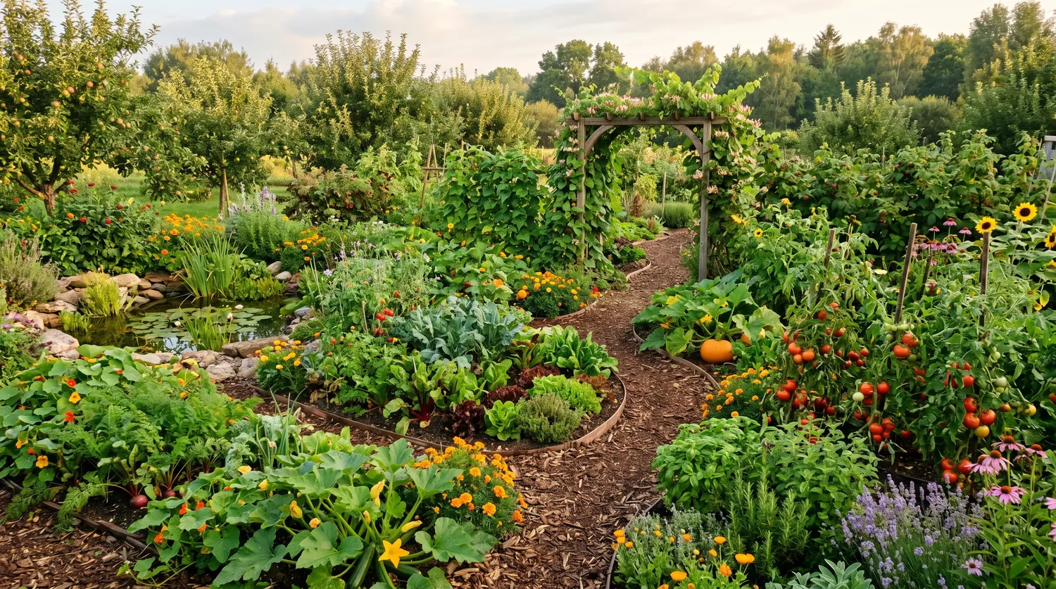 Jardin en permaculture luxuriant et diversifié, légumes, herbes et fleurs mêlés