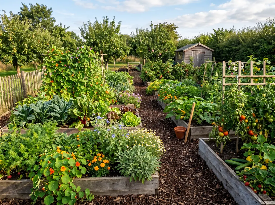 Potager en permaculture productif avec allées paillées et planches diversifiées