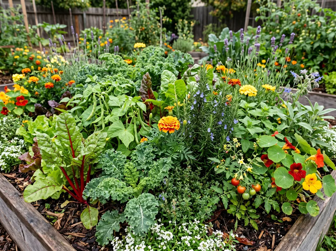 Planche de polyculture mêlant légumes, aromatiques et fleurs, diversité