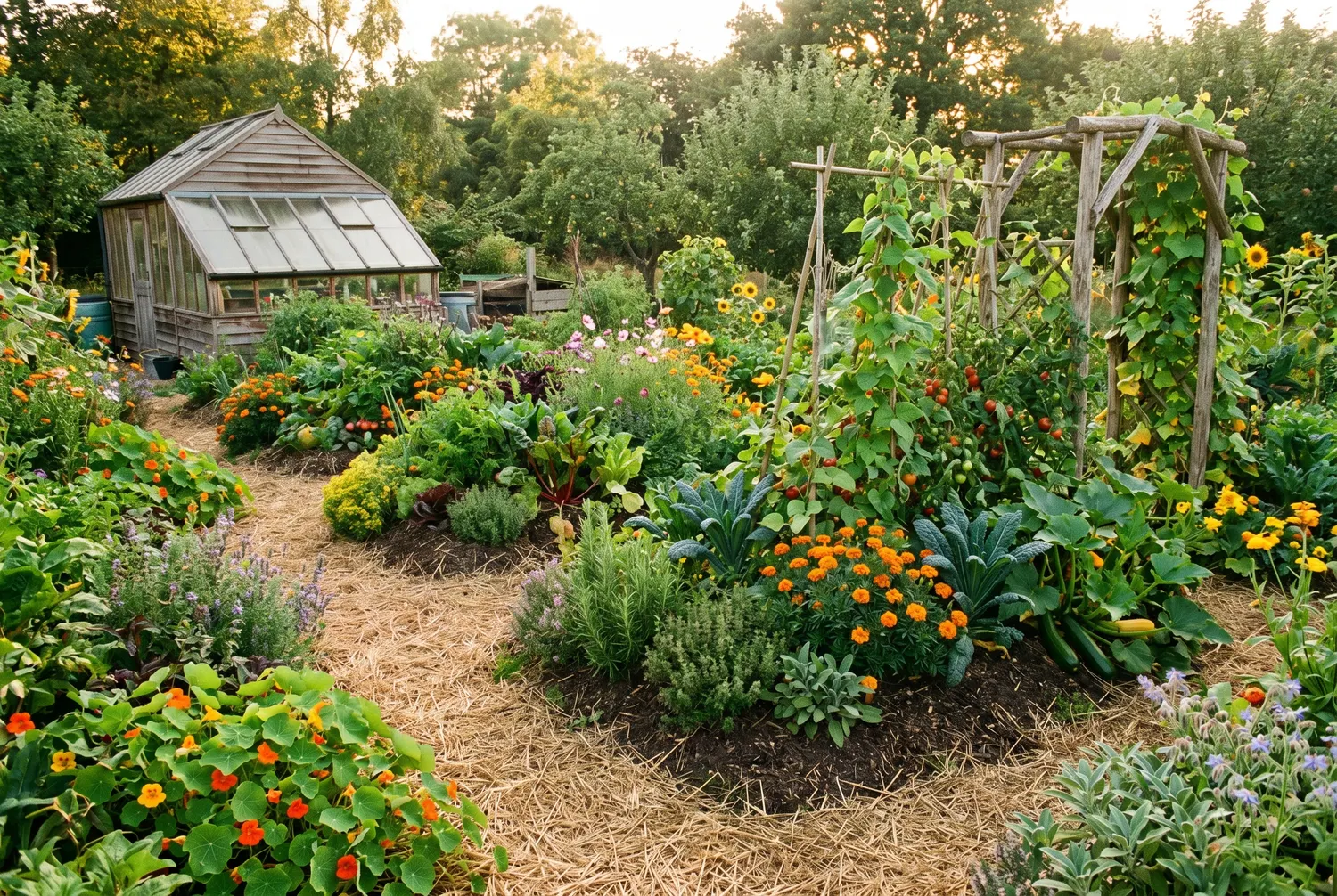 Potager en permaculture luxuriant avec buttes, paillage et grande diversité de plantes