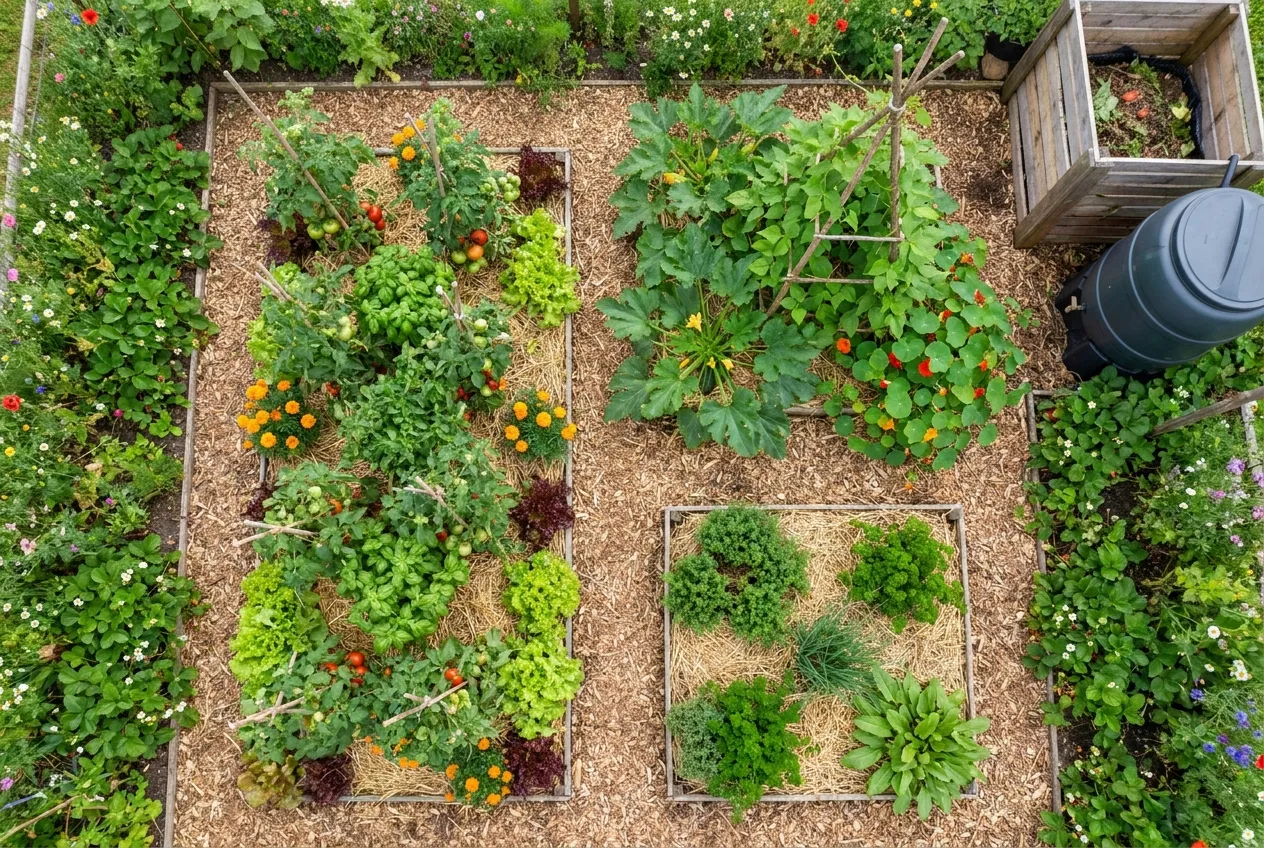 Plan vu de dessus d’un potager en permaculture de 10 m² : planches paillées, allées, carré d’aromatiques et coin compost