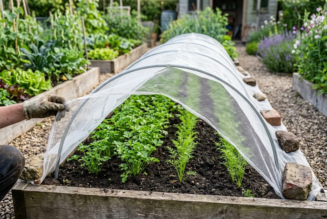 Voile anti-insectes tendu sur une planche de persil et de carottes contre la mouche de la carotte