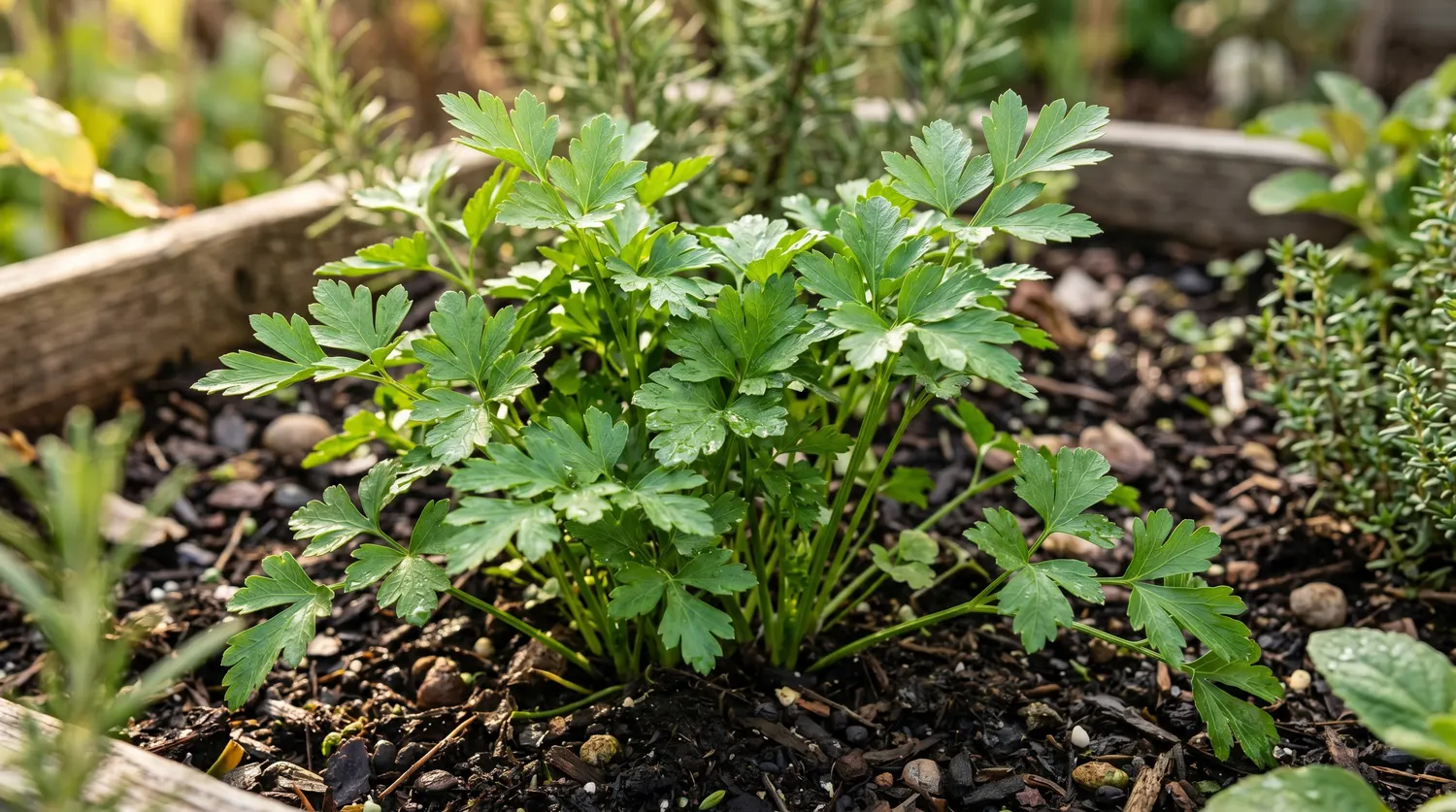 Persil plat frais aux feuilles vertes luxuriantes dans une planche de potager