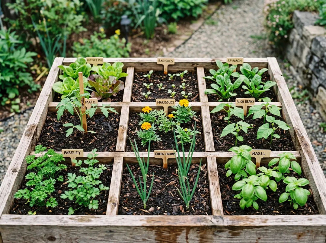 Carré potager en bois divisé en cases plantées de jeunes légumes et aromates