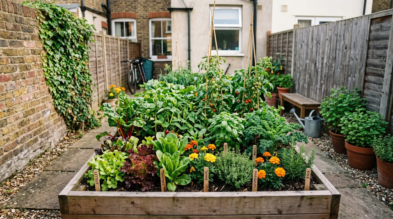 Petit potager urbain compact en carré surélevé garni de légumes, salades et fleurs