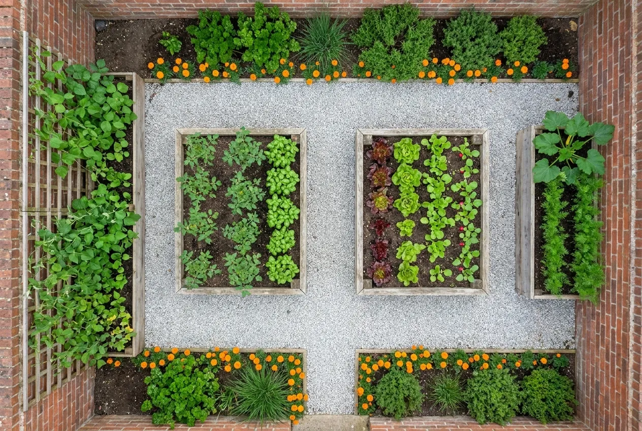 Plan vu de dessus d’un petit potager de 10 m² découpé en carrés, mur grimpant et bordures d’aromatiques