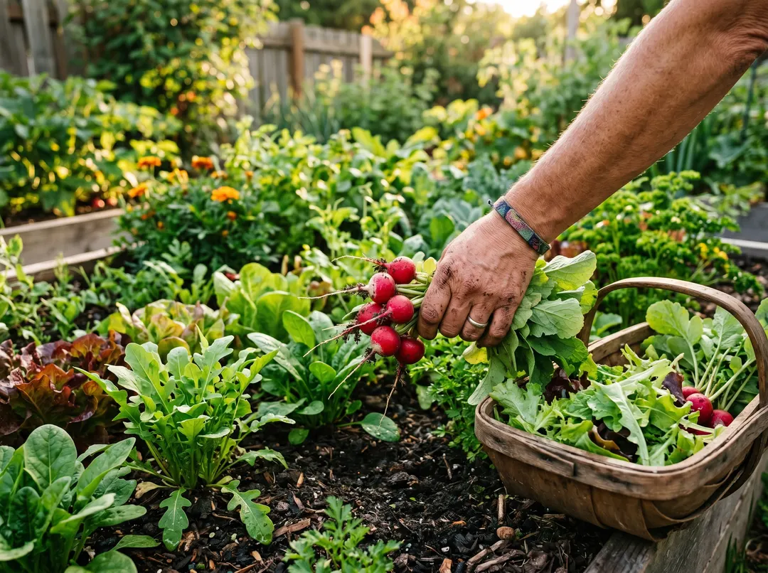 Main récoltant radis et salades dans un petit potager dense et productif