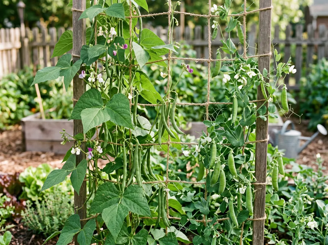 Haricots et pois grimpant sur un treillis vertical pour gagner de la place