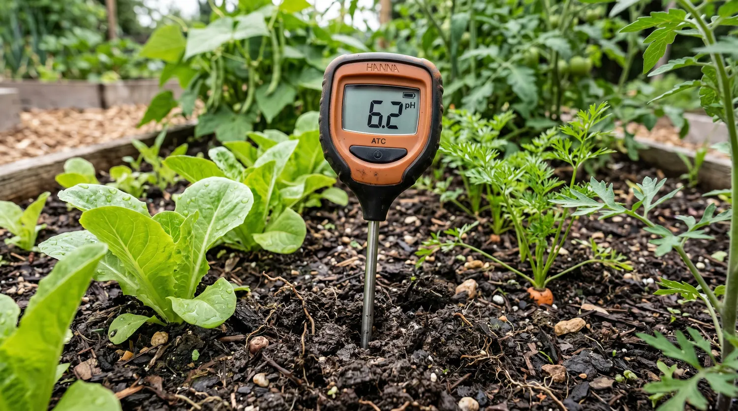 Testeur de pH planté dans la terre du potager parmi les légumes