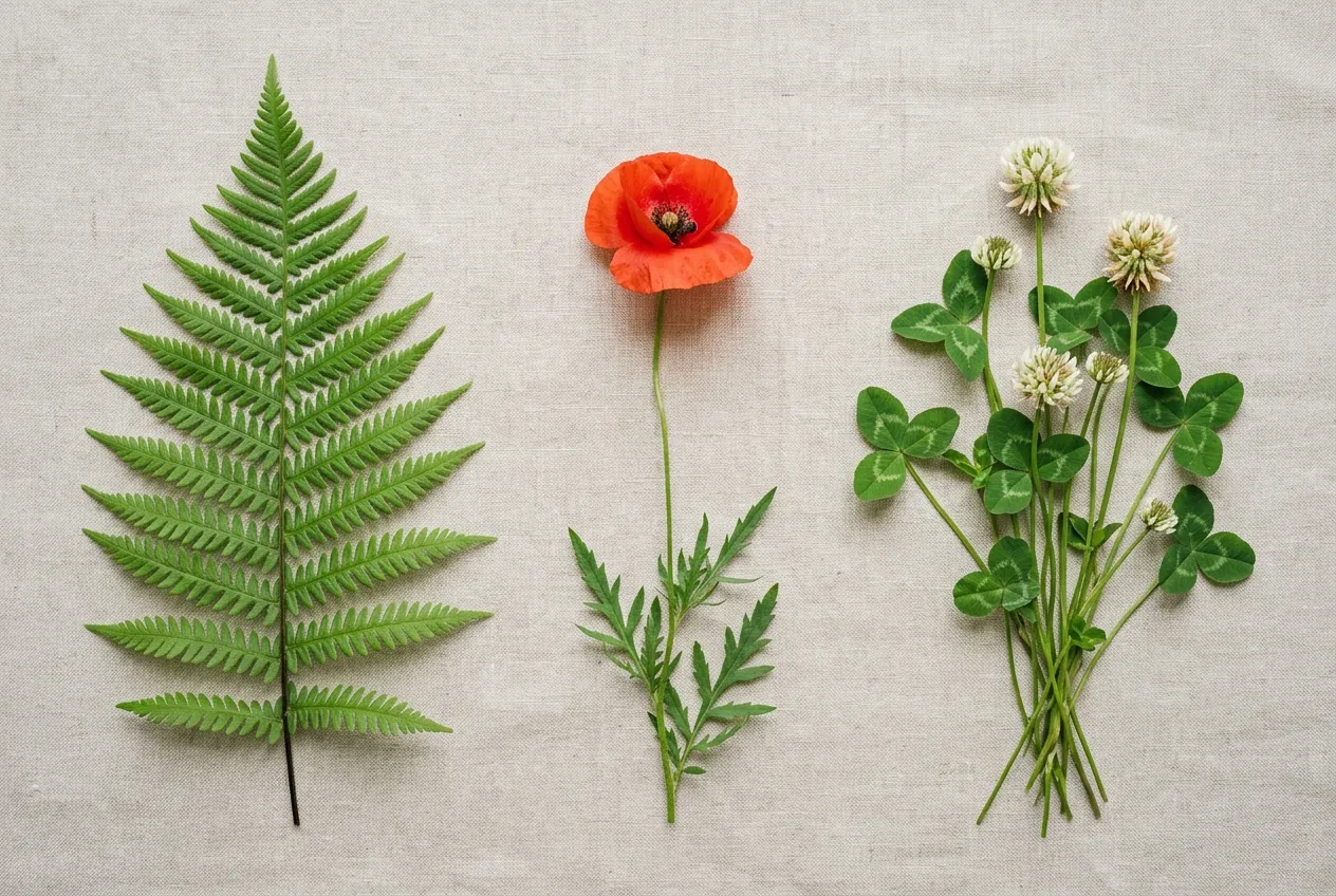 Plantes bio-indicatrices du pH du sol : fougère, coquelicot et trèfle blanc côte à côte