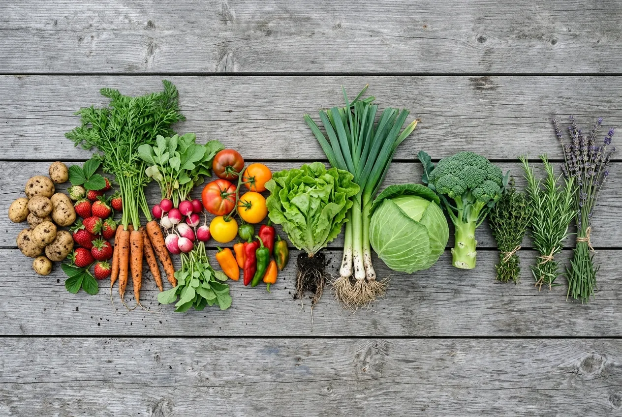 Légumes du potager alignés du plus acidophile au plus calcicole, du pomme de terre au thym et à la lavande