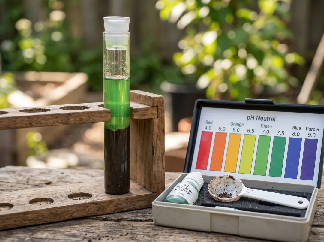 Échantillon de terre dans un tube avec réactif coloré d'un kit de test de pH