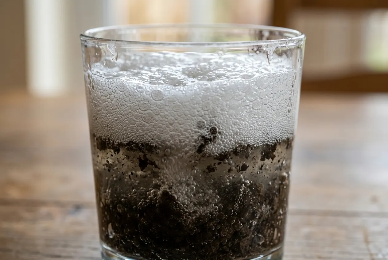 Test du vinaigre sur un sol calcaire : terre en effervescence dans un verre après avoir versé du vinaigre blanc