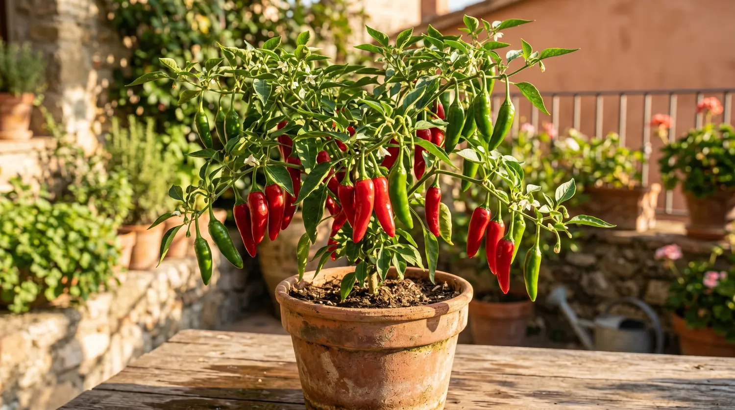 Pied de piment en pot sur une terrasse avec des piments rouges et verts