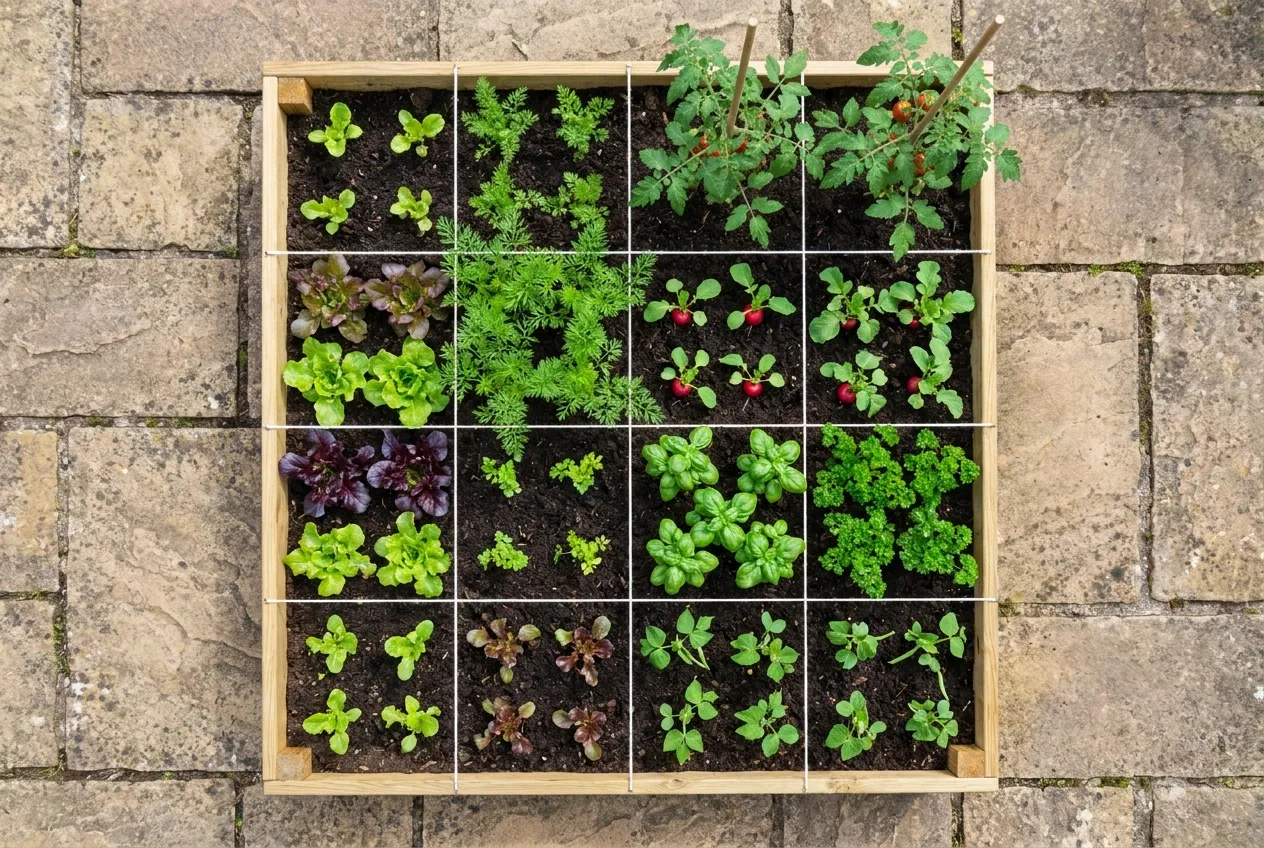 Plan de potager pour débutant : carré de 1,20 m divisé en 16 cases, un légume par case