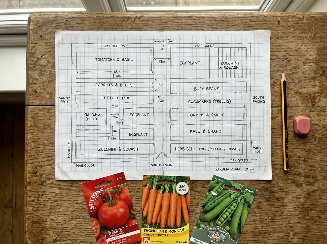 Plan de potager dessiné à la main sur papier quadrillé avec sachets de graines