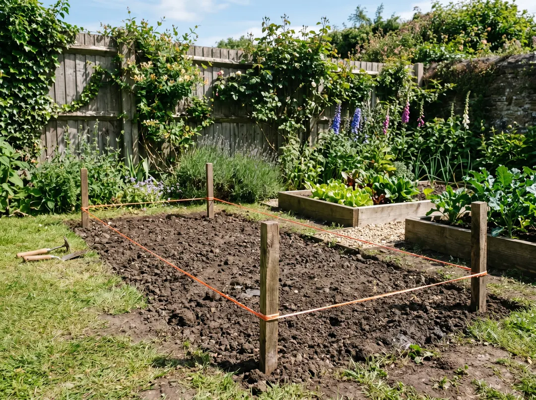 Coin de jardin ensoleillé délimité au cordeau pour créer un nouveau potager