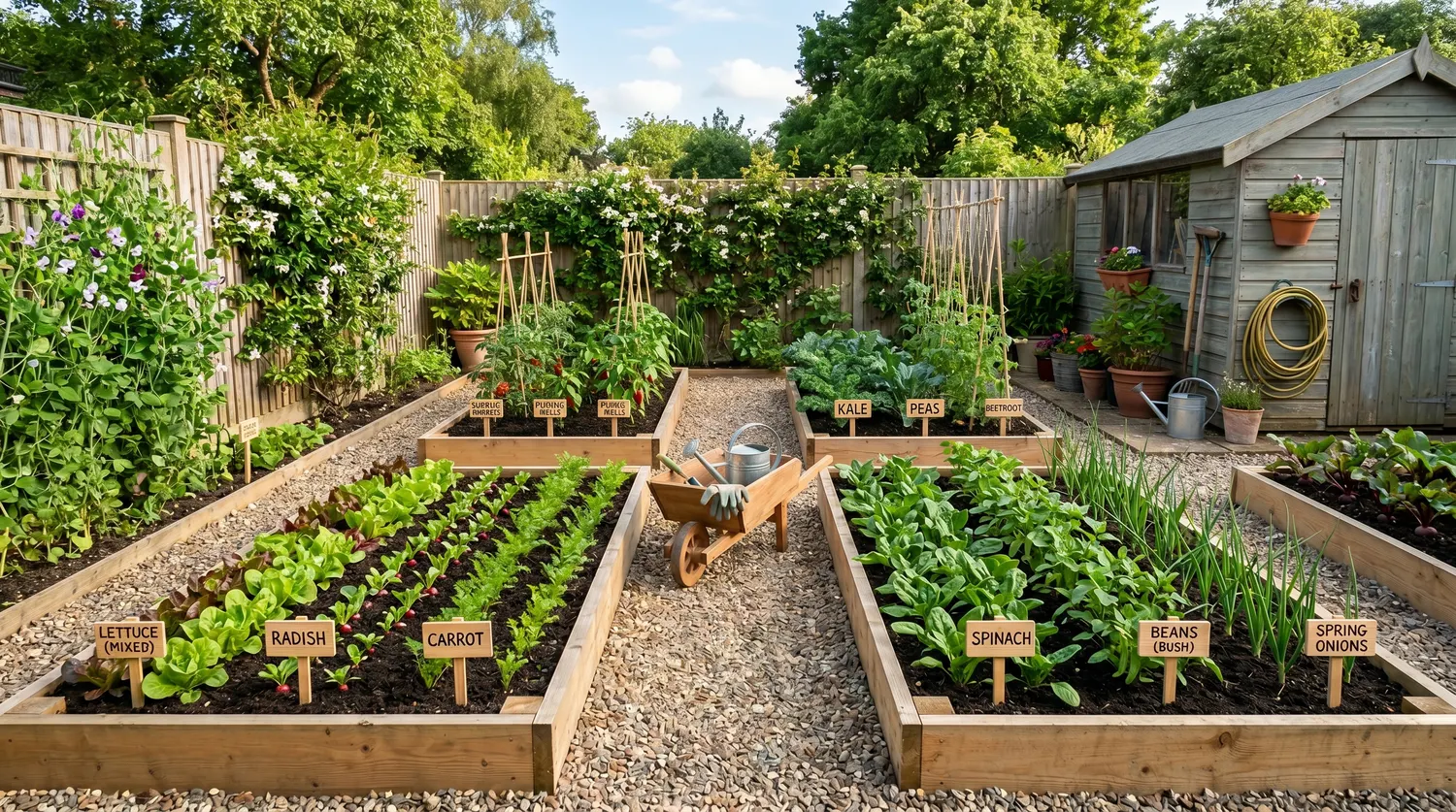 Plan de potager pour débutant : potager bien organisé avec rangs espacés et planches étiquetées
