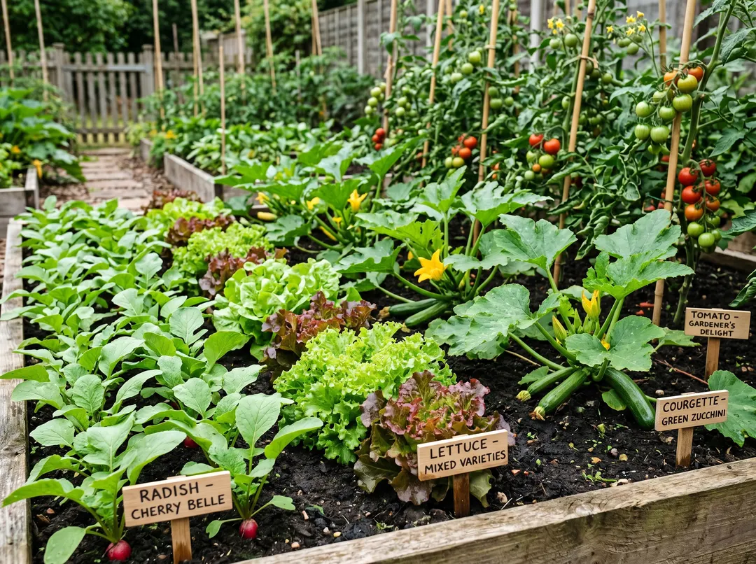 Légumes faciles pour débutant : radis, laitues, courgettes et tomates en pleine forme