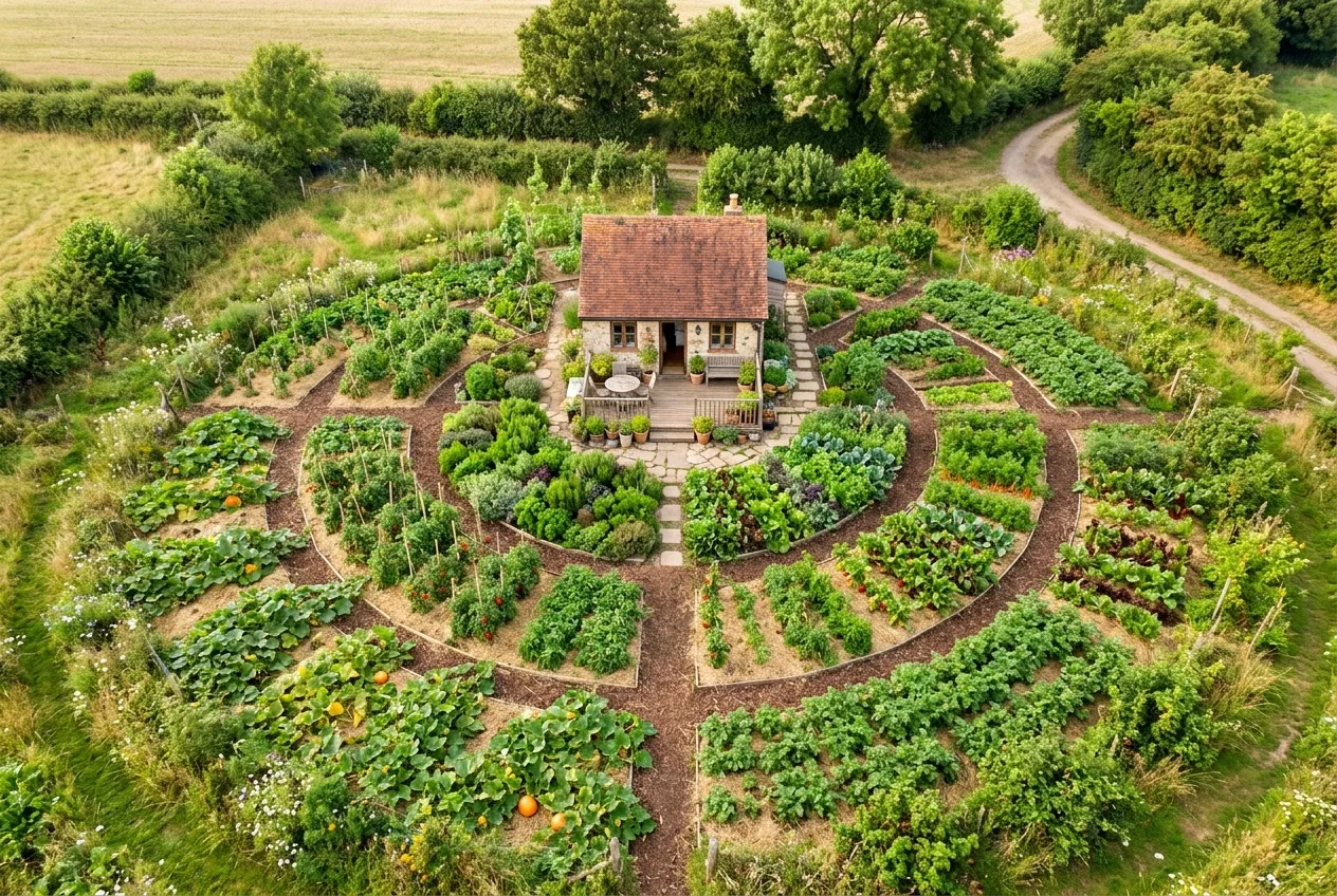 Plan d’un potager en permaculture organisé en cercles, des aromatiques du centre aux courges en périphérie