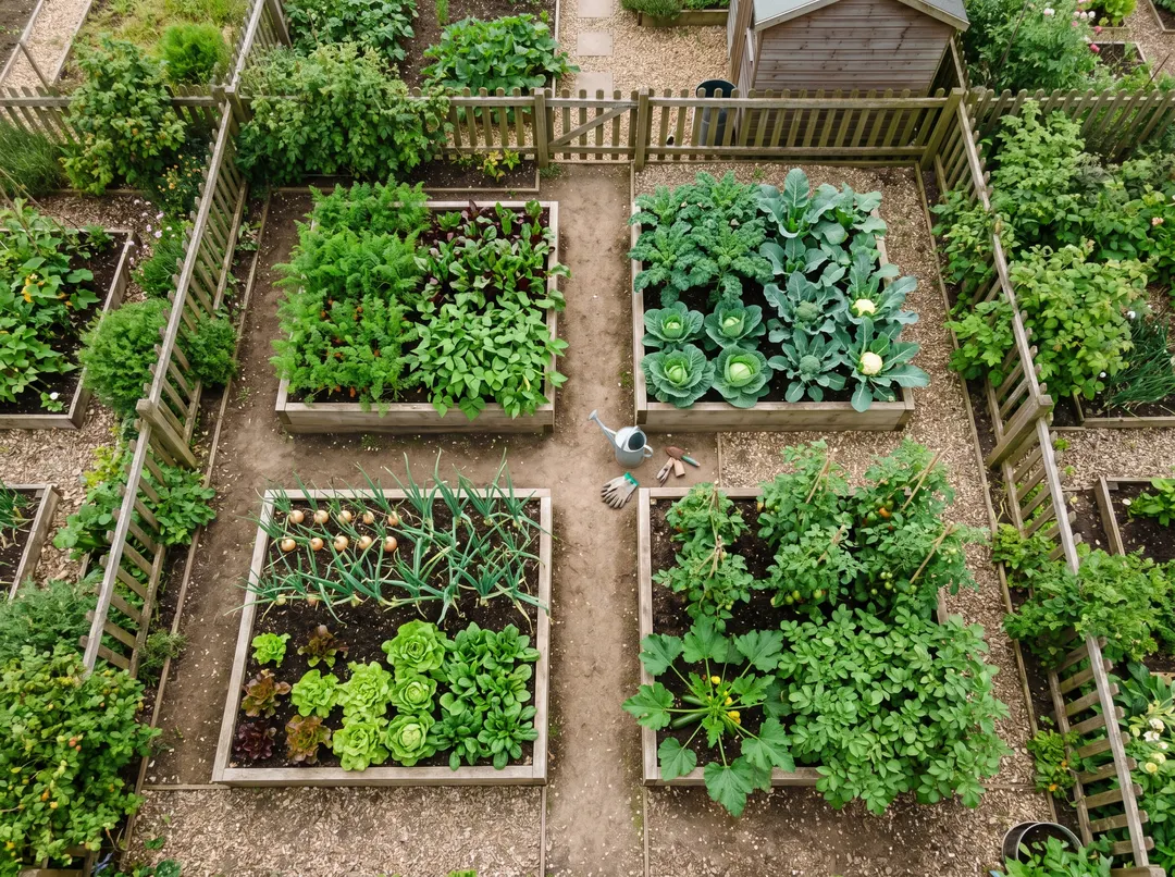 Potager organisé en quatre carrés avec cultures différentes pour la rotation
