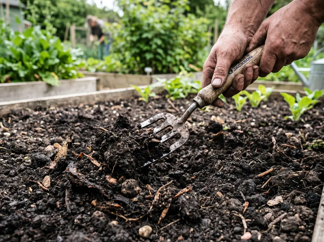Mains préparant la terre d’un nouveau potager avec une fourche et du compost
