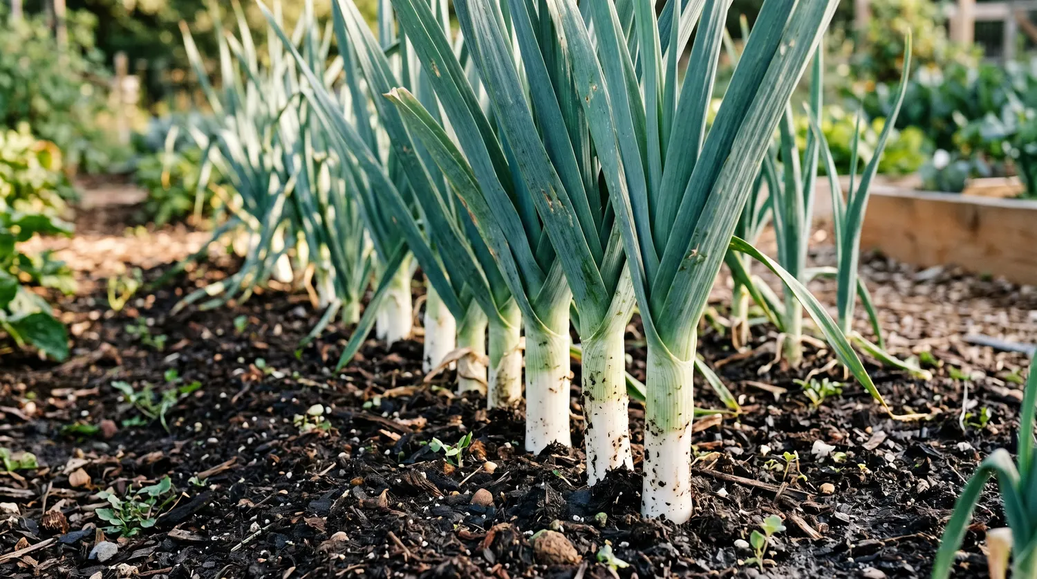Poireaux poussant en rang au potager, longs fûts blancs et feuillage bleu-vert