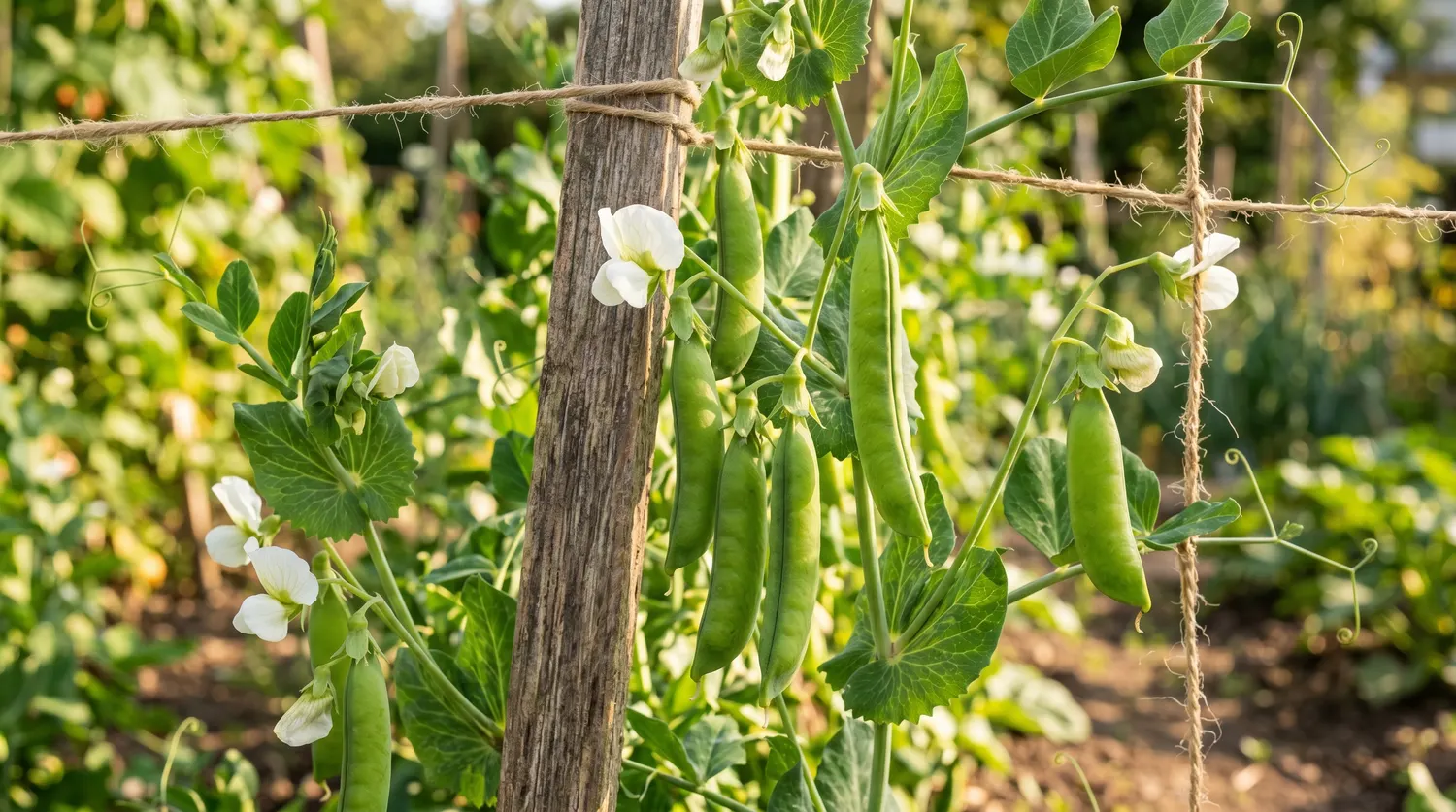 Cosses de petits pois sur un plant grimpant tuteuré au potager
