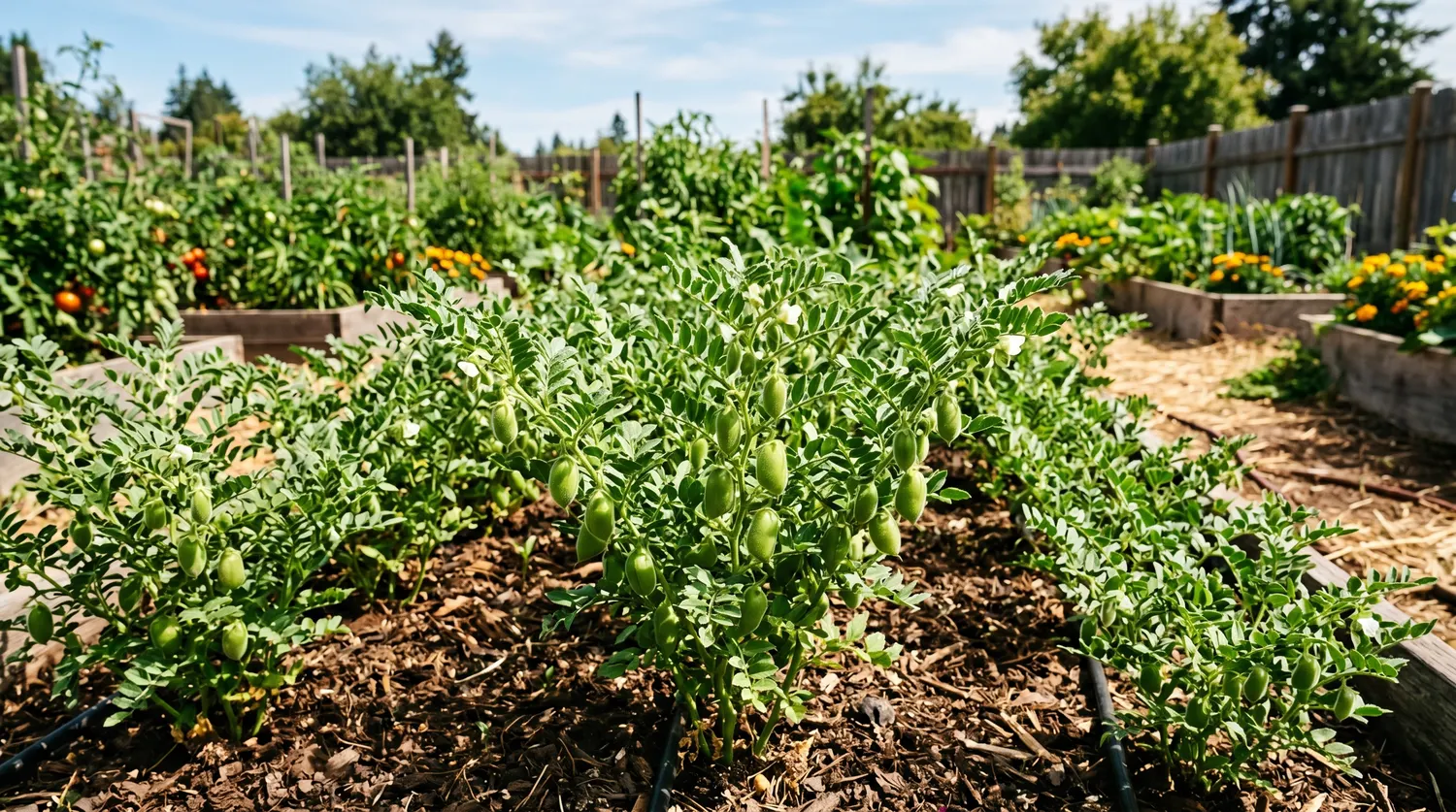 Plants de pois chiche au feuillage découpé poussant en plein soleil au potager