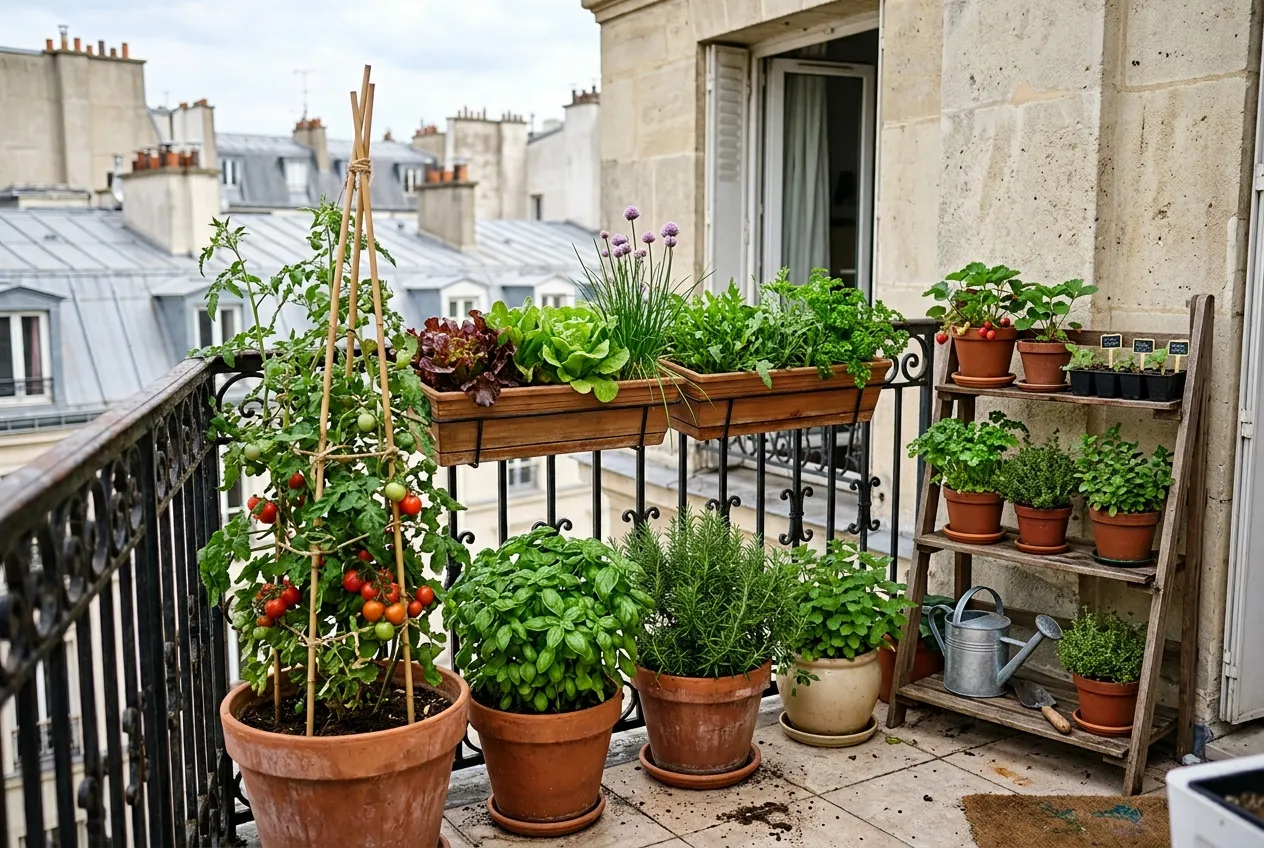 Balcon de 2 m² aménagé en potager urbain : pots au sol, jardinières sur la rambarde et étagère verticale