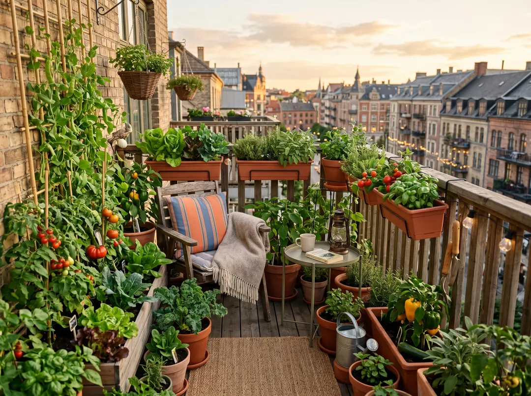 Balcon urbain cosy transformé en potager verdoyant, ambiance paisible avec vue sur la ville