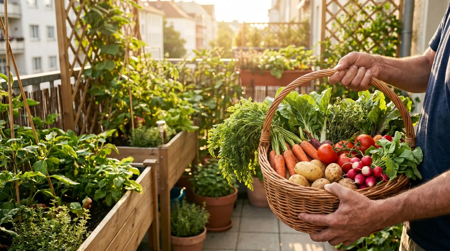 Panier débordant de légumes fraîchement récoltés sur un balcon urbain verdoyant