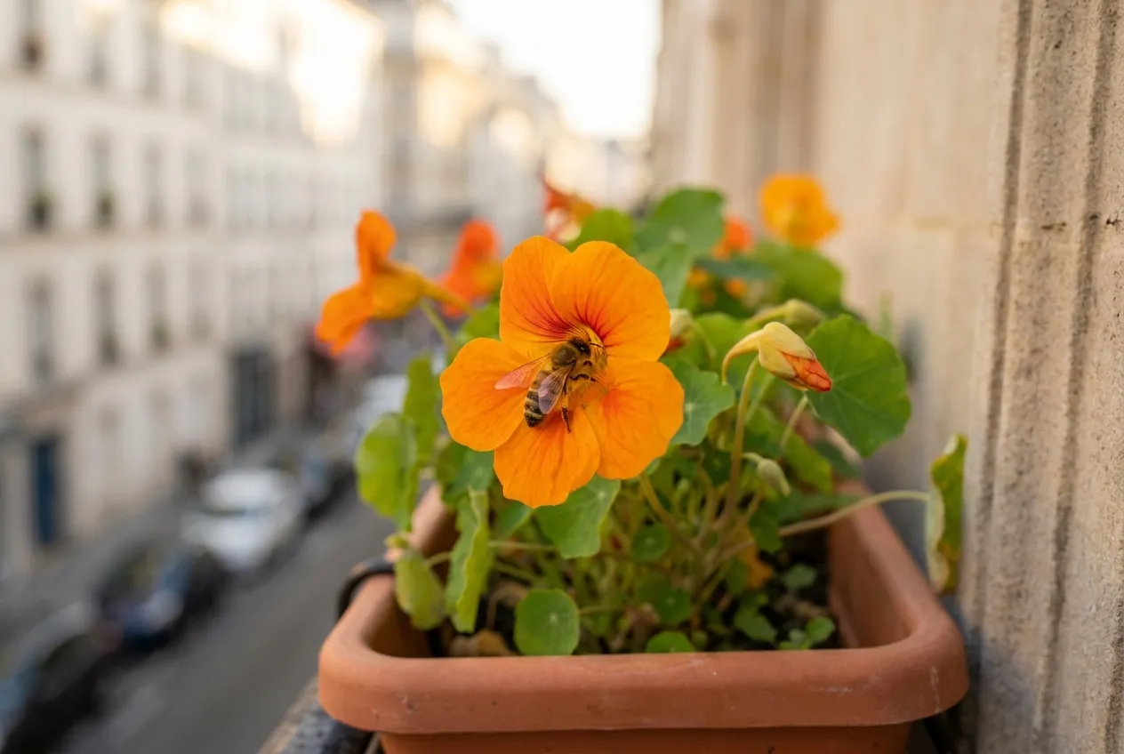Abeille butinant une fleur mellifère de capucine dans une jardinière de balcon en ville