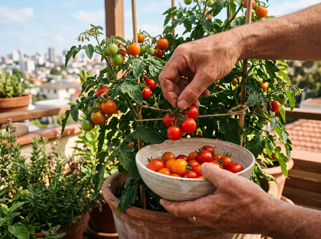 Mains récoltant des tomates cerises mûres dans un bol sur un balcon ensoleillé
