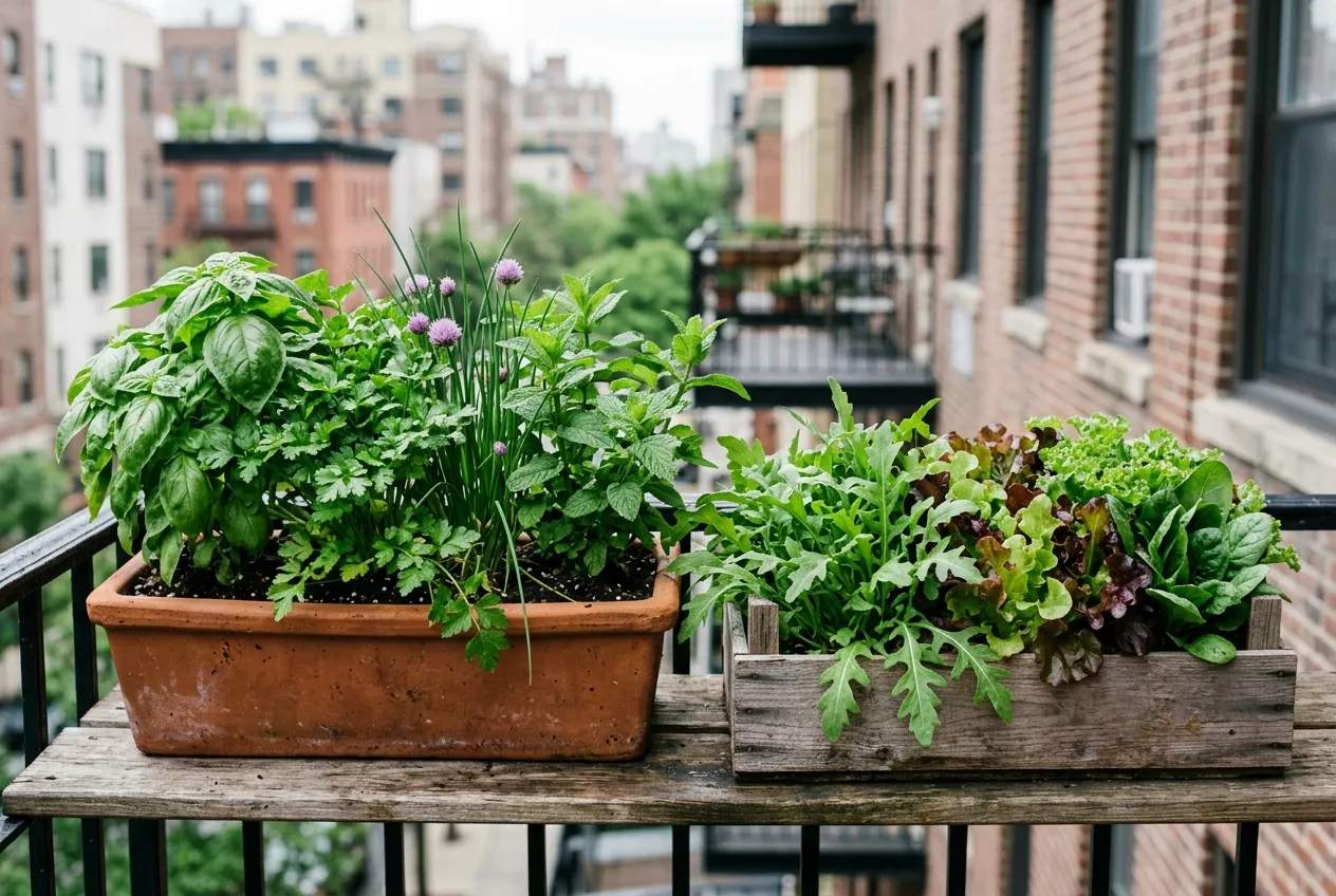 Jardinière d’herbes aromatiques et bac de salades à couper côte à côte sur un balcon urbain