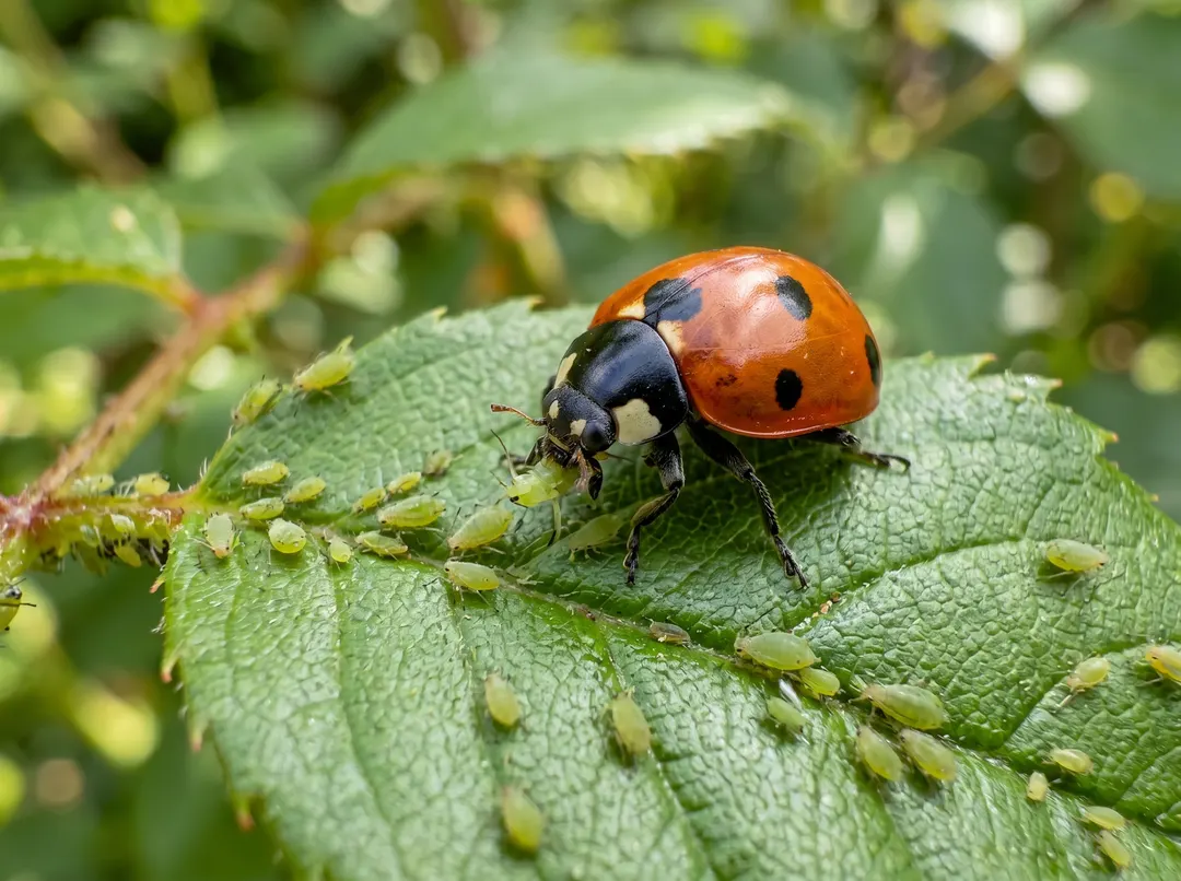 Coccinelle dévorant des pucerons sur une feuille, lutte biologique