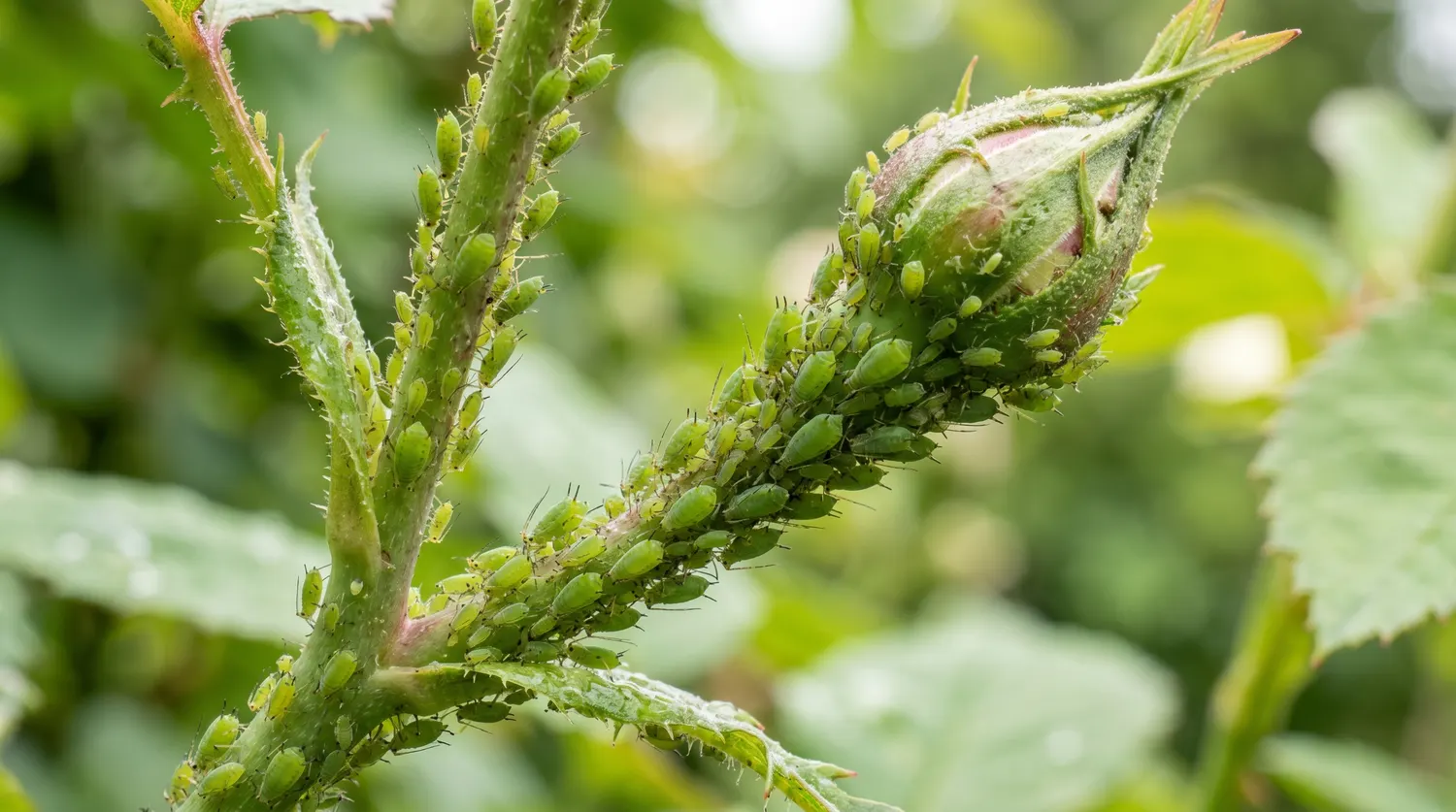 Colonie de pucerons verts agglutinés sur une tige et un bouton