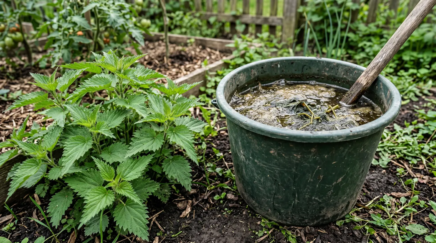 Orties fraîches à côté d'un seau de purin d'ortie en fermentation au jardin