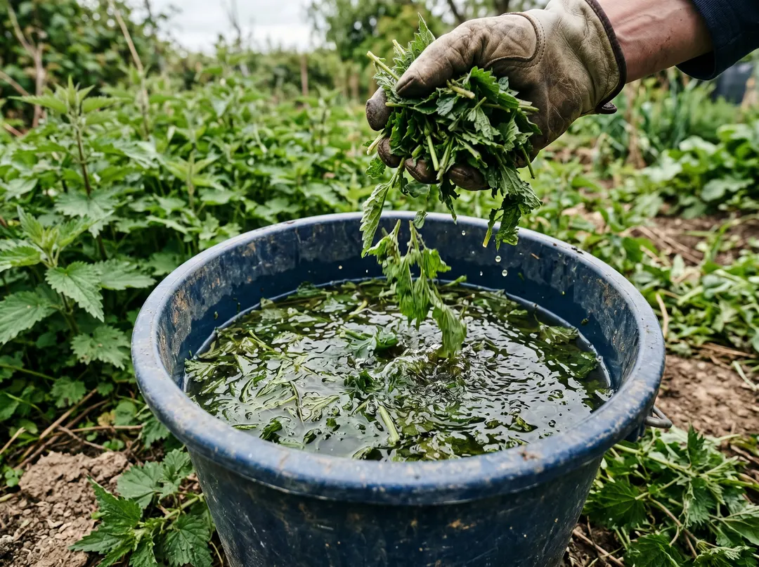 Orties hachées ajoutées dans un seau d'eau pour préparer le purin
