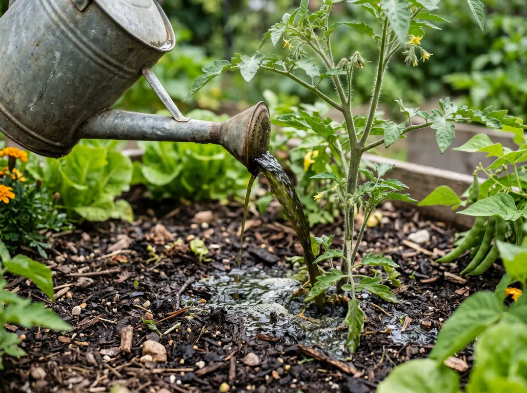 Arrosoir appliquant du purin d'ortie dilué au pied des légumes