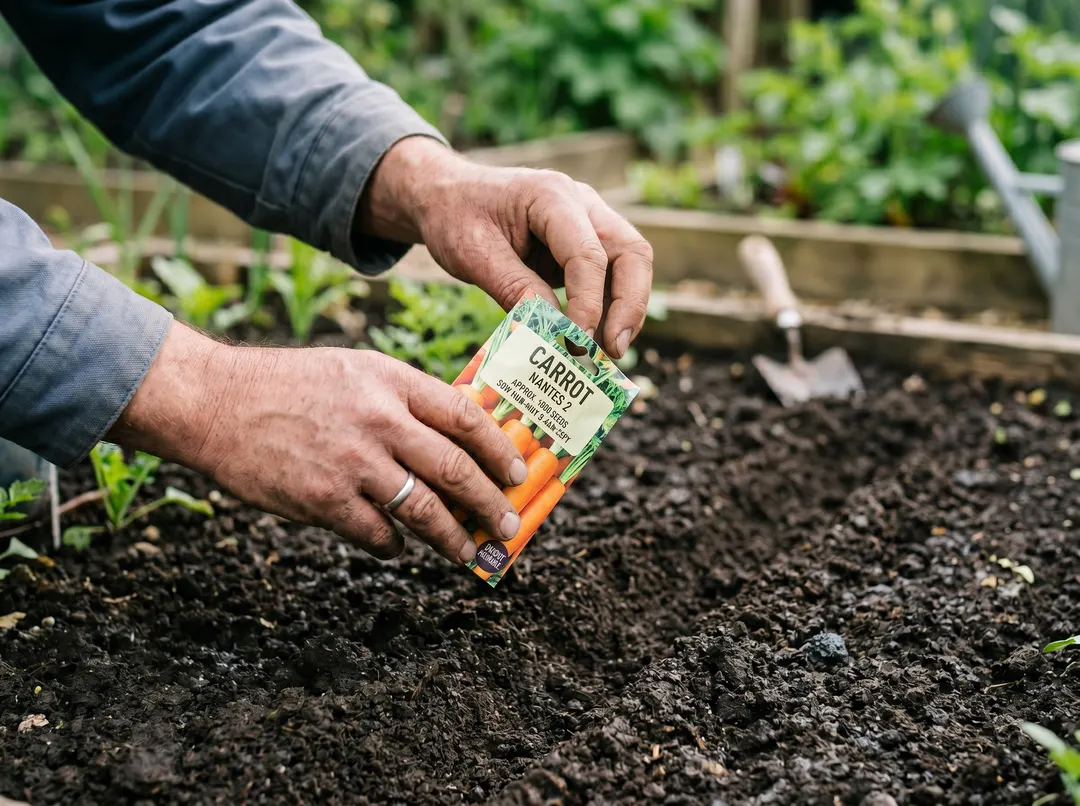 Mains d'un jardinier tenant un sachet de graines au-dessus d'une terre préparée