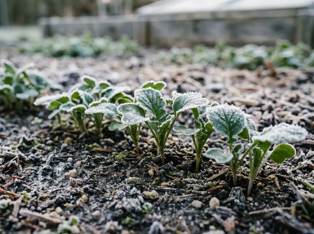Jeunes plants de légumes sous une légère gelée matinale, notion de dernières gelées