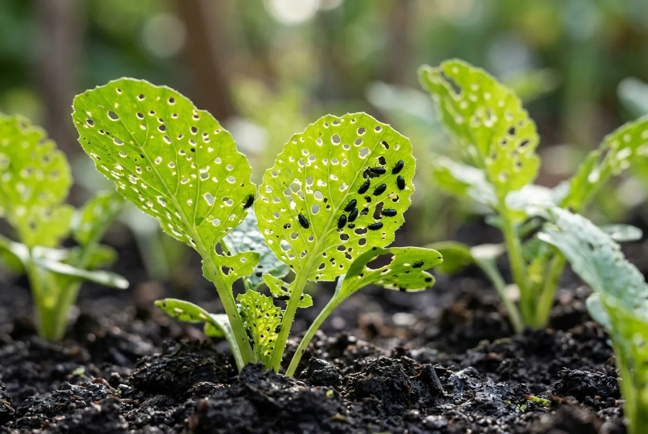 Feuilles de radis criblées de petits trous ronds par les altises sur de jeunes plants