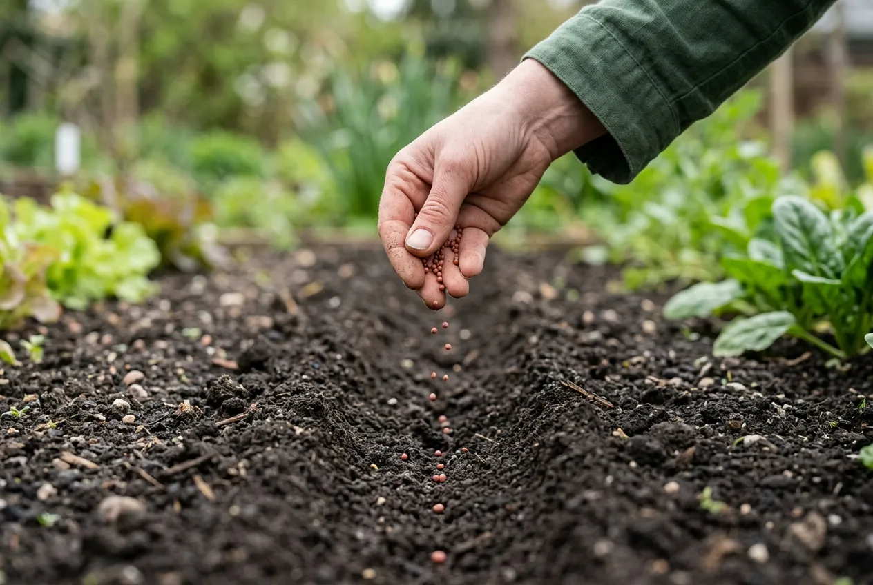 Semer les radis clair : main déposant les graines une à une, bien espacées, dans un sillon